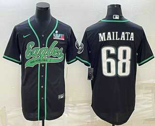 Mens Philadelphia Eagles #68 Jordan Mailata Black With Super Bowl LVII Patch Cool Base Stitched Baseball Jersey